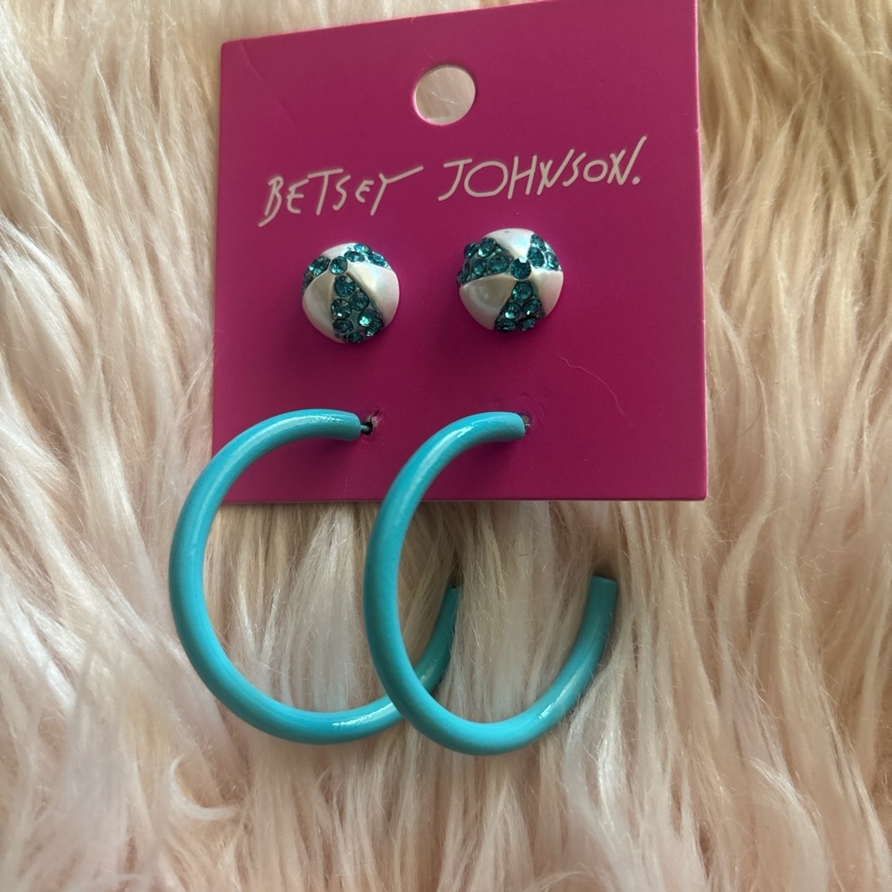 Betsey Johnson Turquoise Hoop and Crystal Button Earring Set
